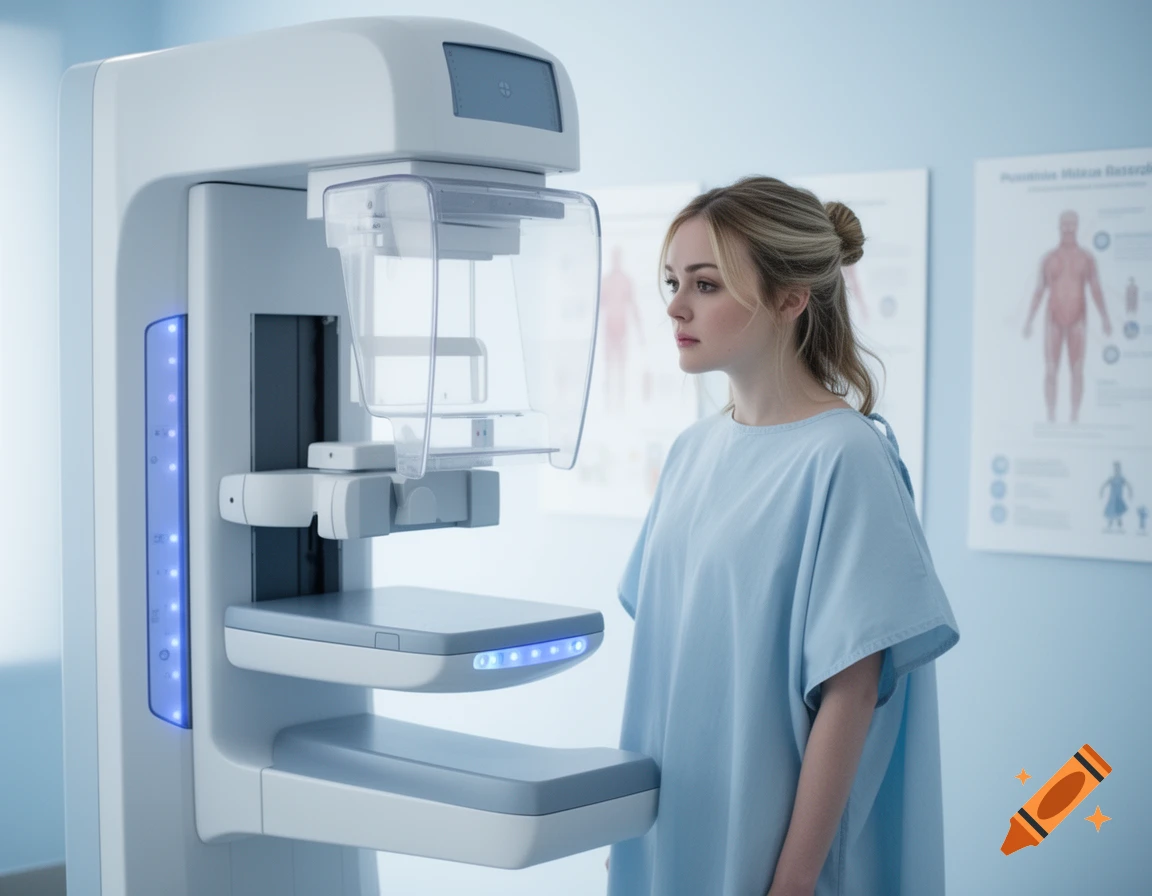 A woman in a light blue hospital gown stands beside a modern mammography machine in a medical room.