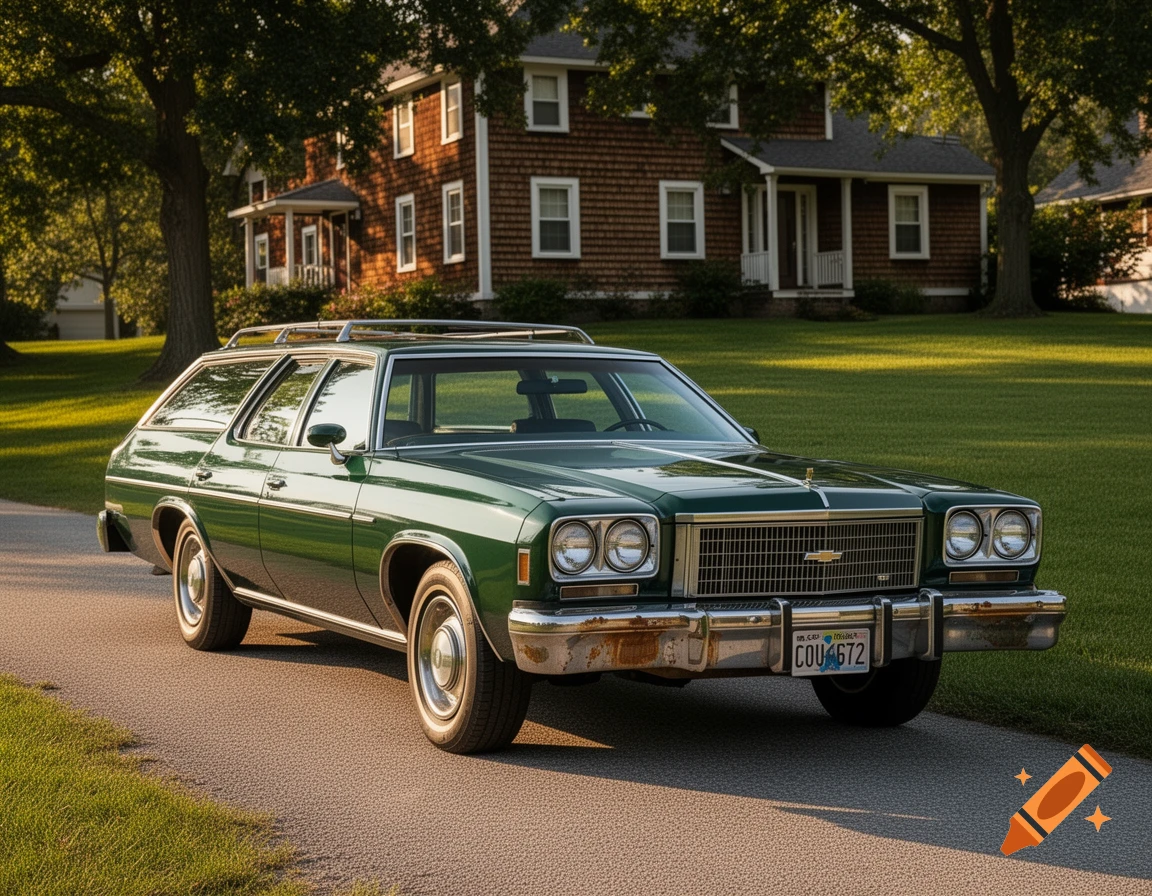 A green 1973 Chevrolet full-size station wagon is parked on an asphalt driveway in front of a rustic wooden house with a green lawn and trees.