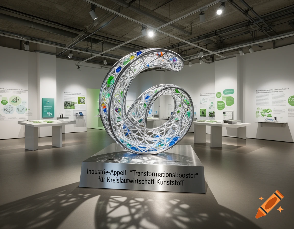 A large, metallic, curvilinear sculpture filled with colorful pieces, displayed in a well-lit exhibition hall with informational posters.
