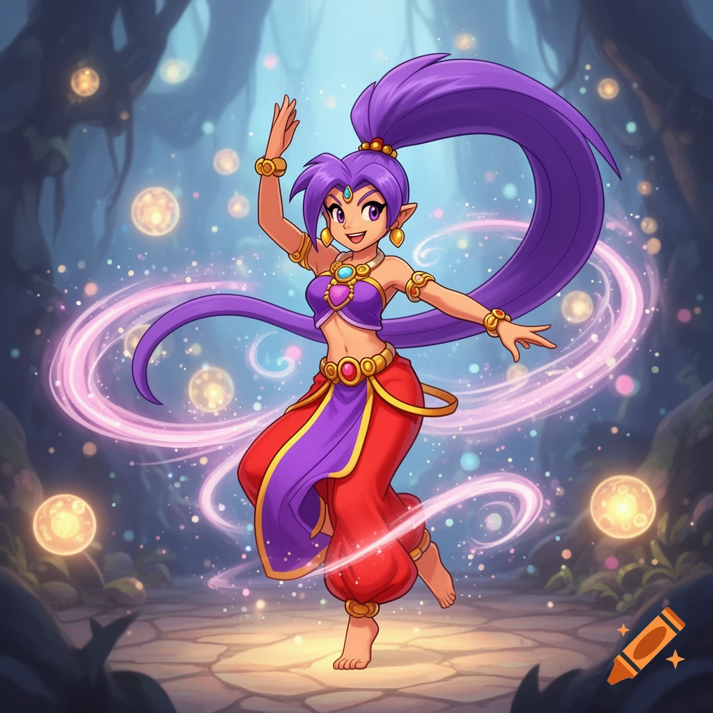 Anime character Shantae with purple hair dancing barefoot in a magical forest, surrounded by glowing orbs and pink light trails.