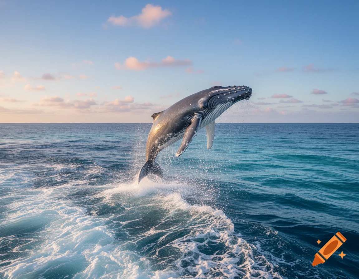 A large humpback whale breaches out of a blue ocean under a clear sky ...