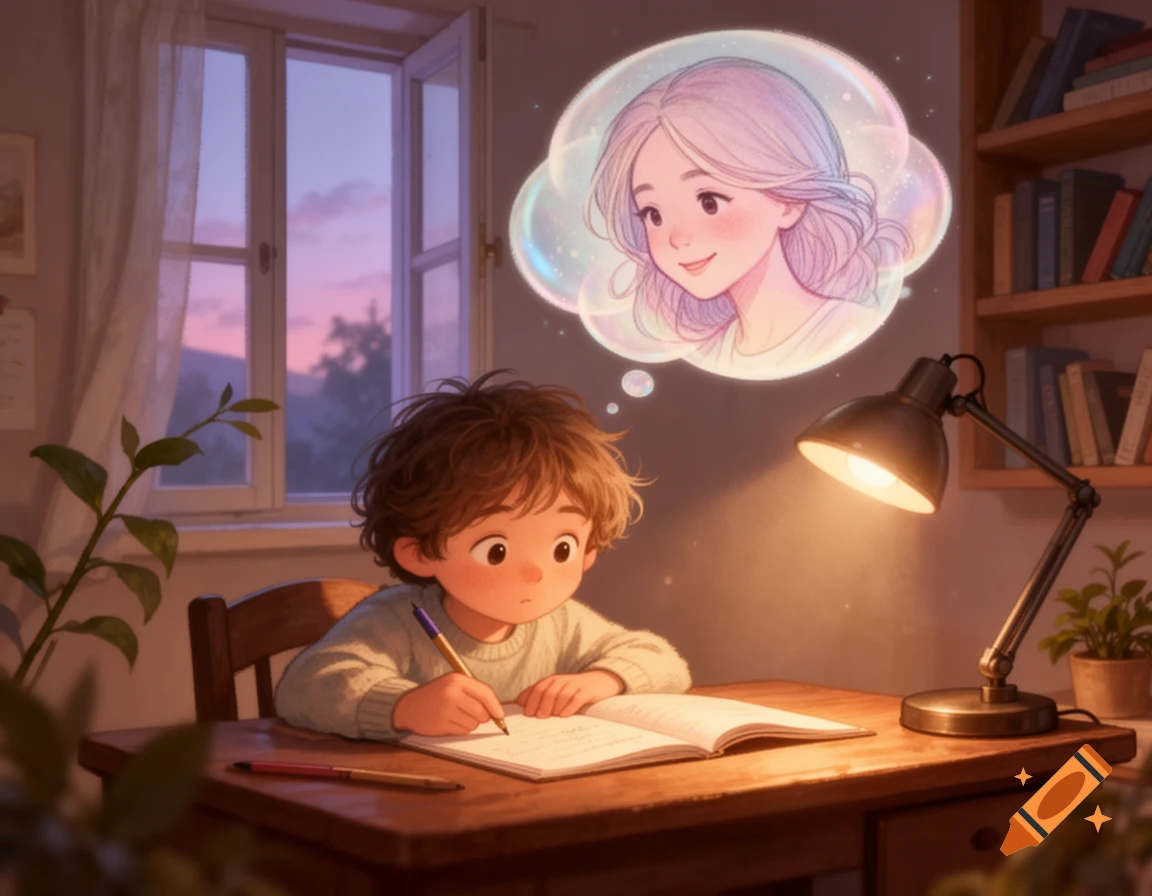 An illustration of a child writing at a desk, looking up at a thought bubble containing a woman's face, in a cozy room at dusk.