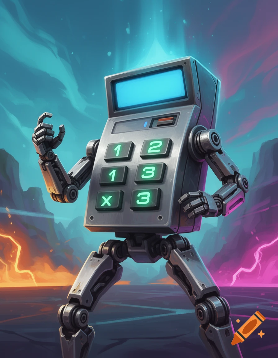 A stylized calculator robot with glowing numbers 1, 2, 3, and an X on its body, stands with robotic arms and legs against a vibrant, neon-lit landscape.
