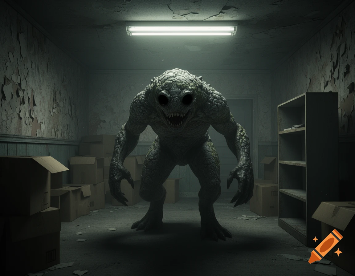 A menacing, scaly monster with black eyes and sharp teeth stands in a dimly lit, decaying room with cardboard boxes and shelves.