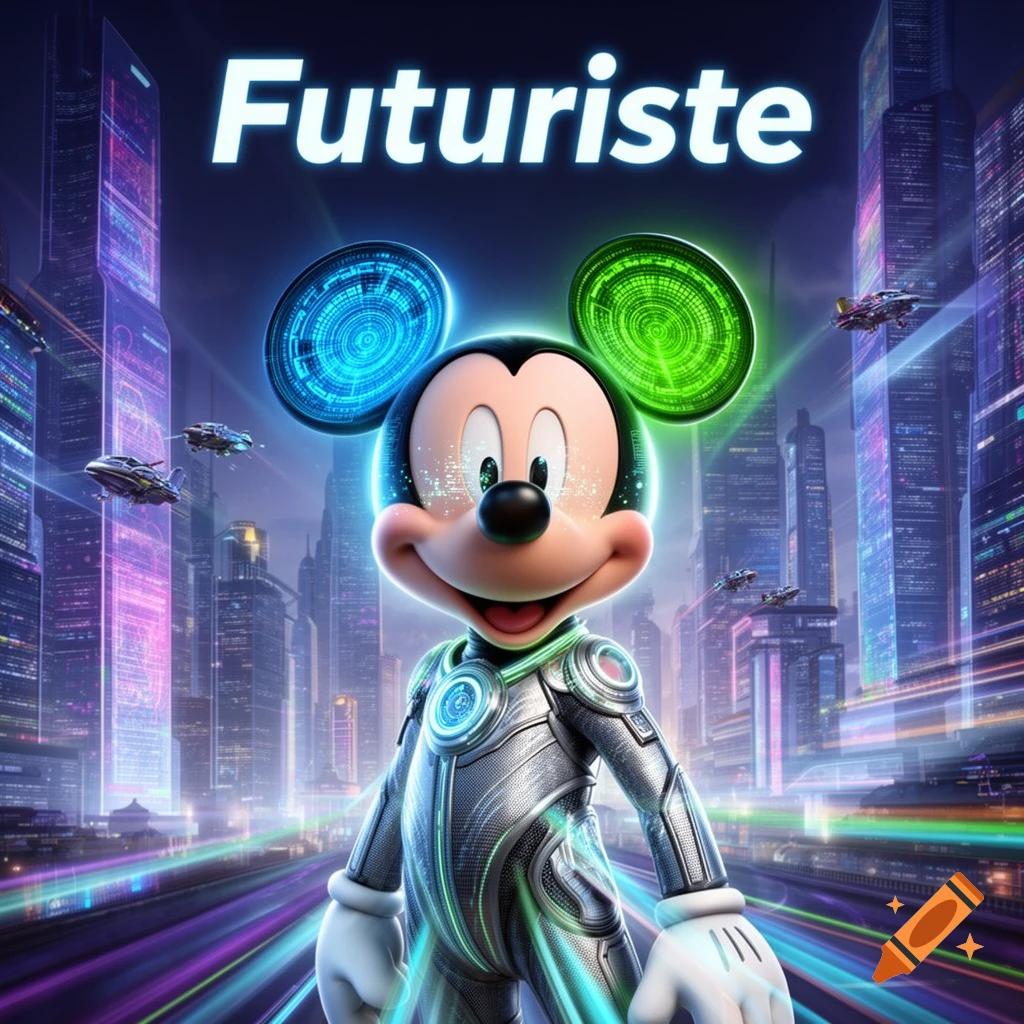 Futuristic Mickey Mouse in a cybernetic suit stands in a neon-lit city ...