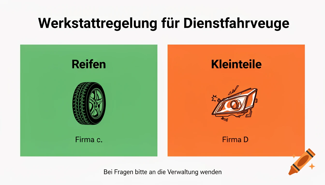 A modern infographic titled "Werkstattregelung für Dienstfahrveuge" in black text on a white background. Below the title are two colored rectangles. The left green rectangle has a tire icon and the text "Reifen" and "Firma c.". The right orange rectangle has a car headlight icon and the text "Kleinteile" and "Firma D". Below both rectangles, small black text reads "Bei Fragen bitte an die Verwaltung wenden".