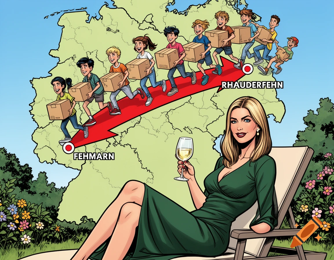 Comic art of a map of Germany with people carrying boxes on a red arrow, and a woman in a green dress relaxing on a lounge chair.