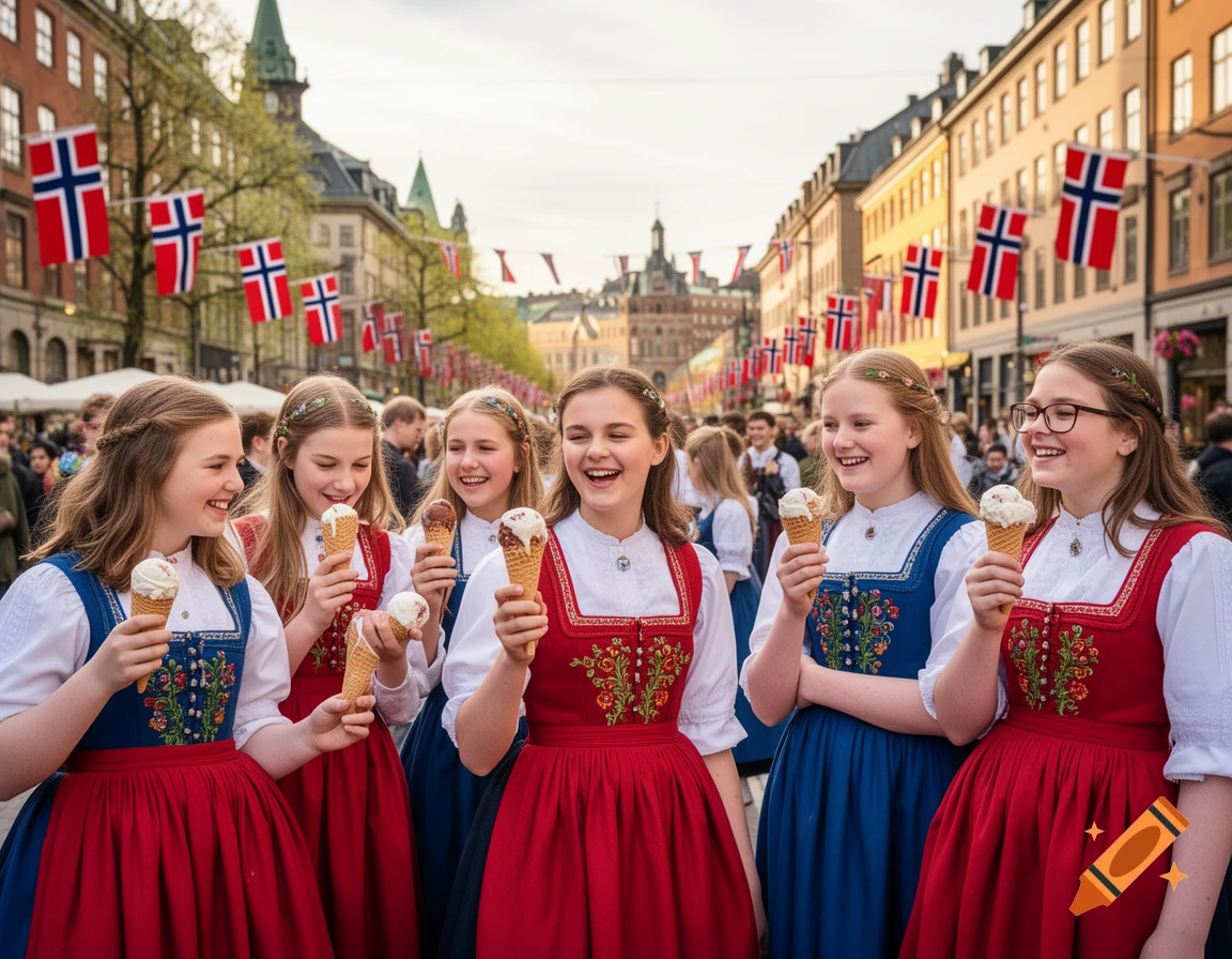 Six smiling girls in traditional Norwegian bunad dresses eat ice cream on a street decorated with flags.