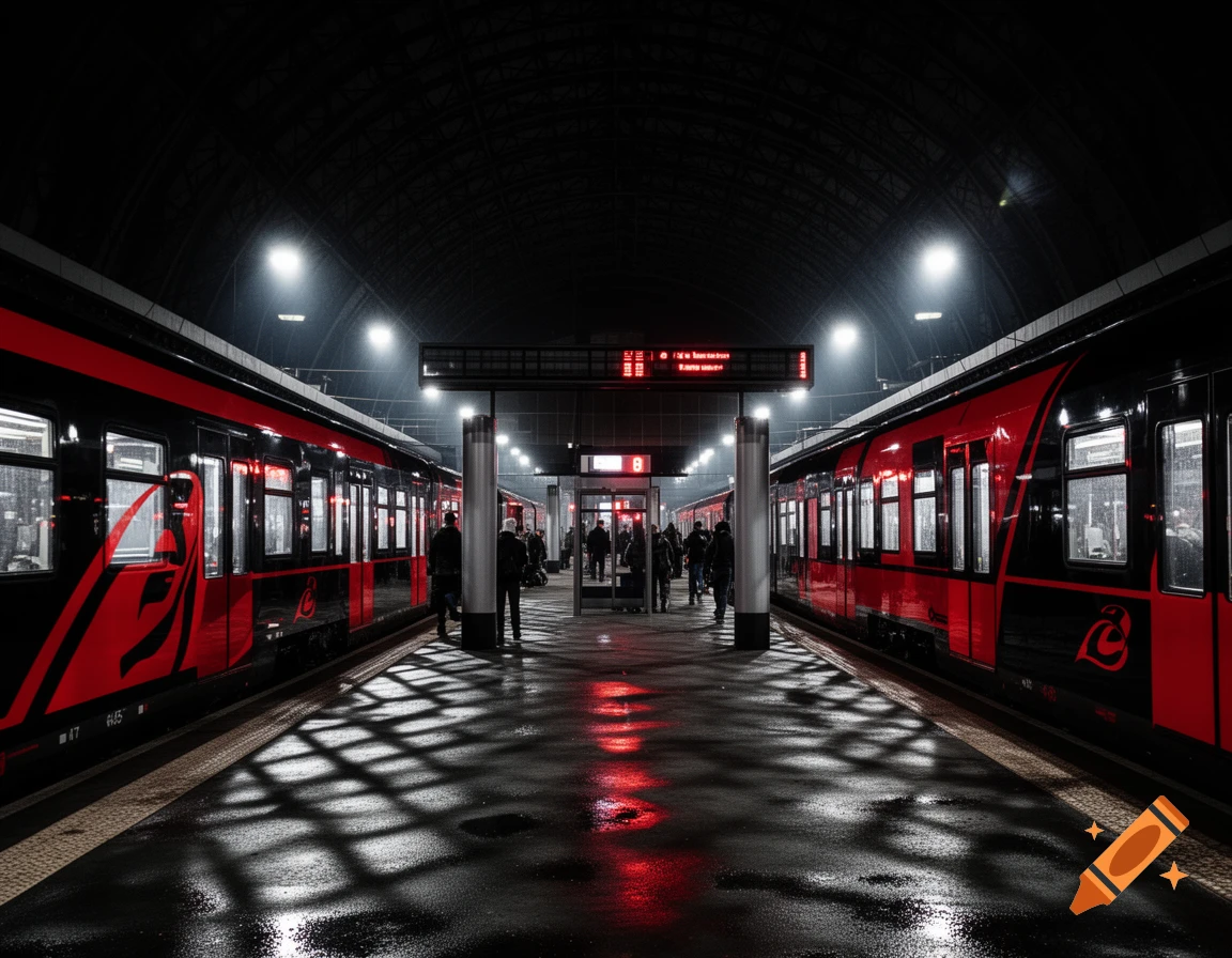 A night view of a train station with two red and black trains on opposite tracks, illuminated by overhead lights. People stand on the wet platform, reflecting the lights.