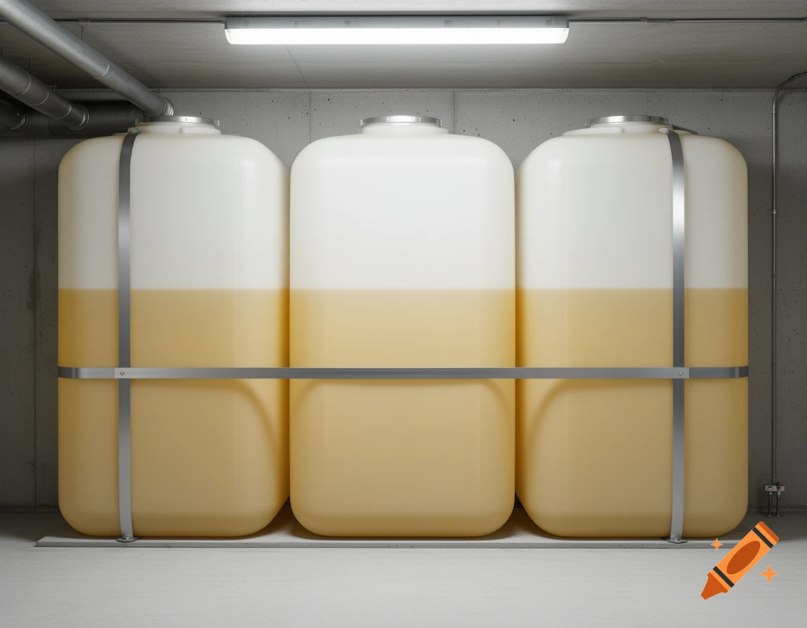 Three large, half-full, translucent plastic heating oil tanks with metal straps in a clean, industrial basement.