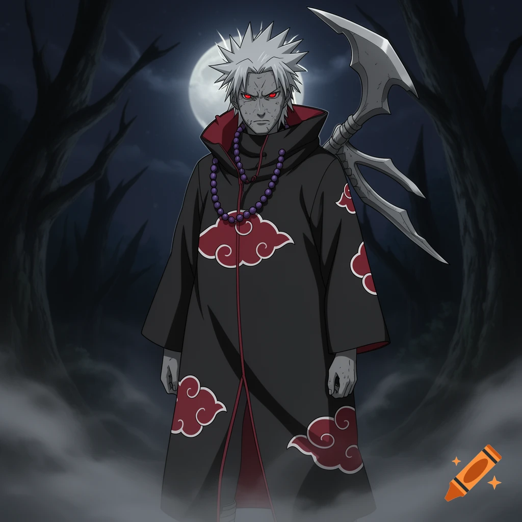 An anime character with white spiky hair, grey skin, and red eyes, resembling Hidan, stands in a black cloak with red clouds under a full moon in a dark forest.