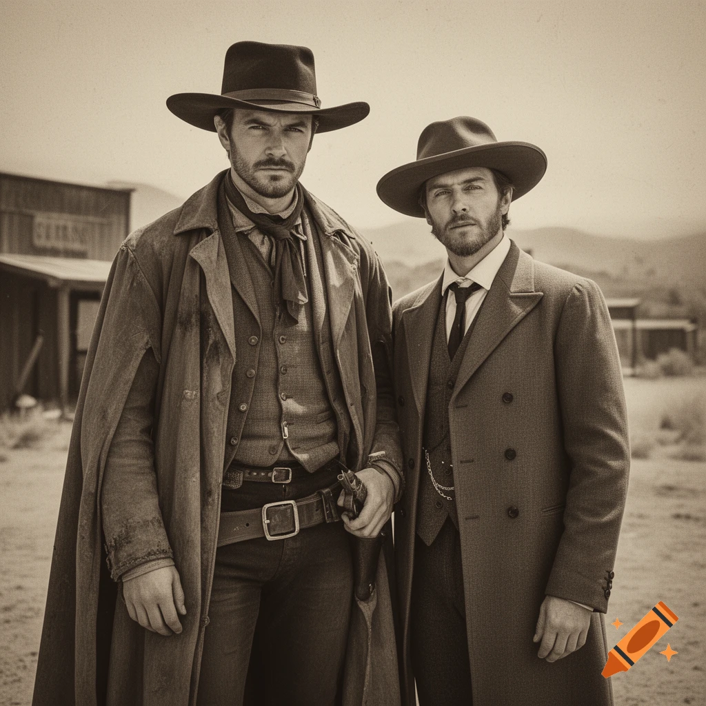 Two men in cowboy hats and long coats pose in a sepia-toned Western town.