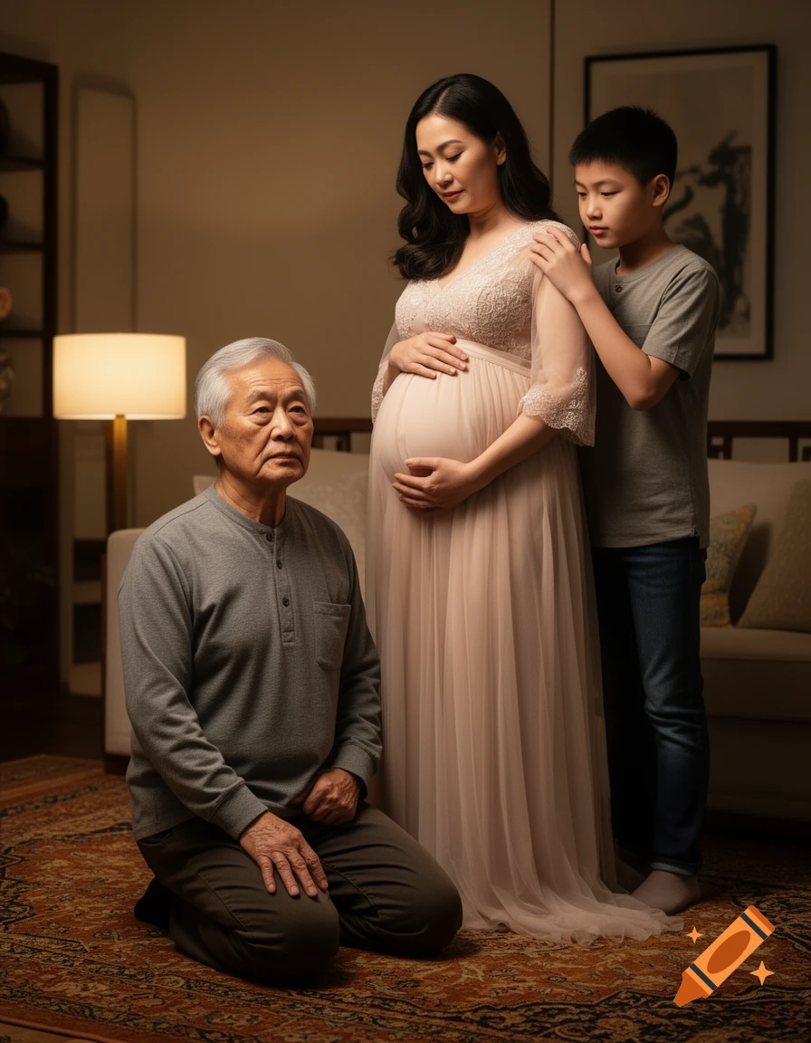 An older man kneels on a rug, looking up at a pregnant woman who stands behind him, while a young boy stands behind her with hands on her shoulder and belly.