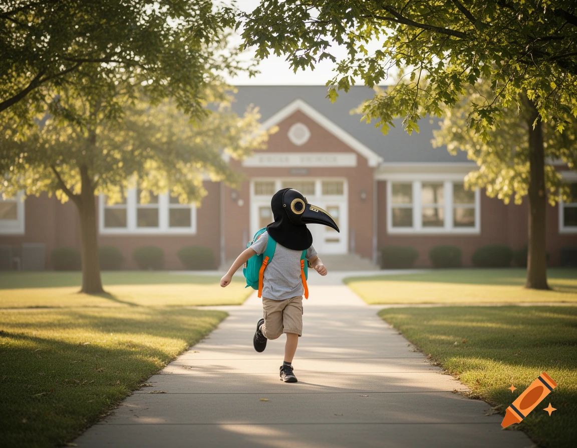 A child in a plague doctor mask and a backpack runs down a sidewalk towards a school building on a sunny day.
