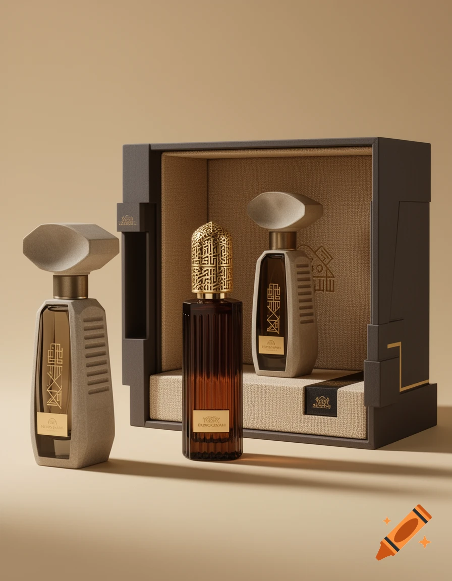 Two luxury perfume bottles, one amber with a gold cap, one stone-like, next to a dark grey and beige gift box.