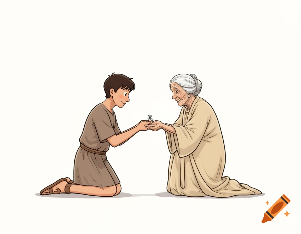 A young man kneels, offering a ring to an old woman, in a simple comic style.