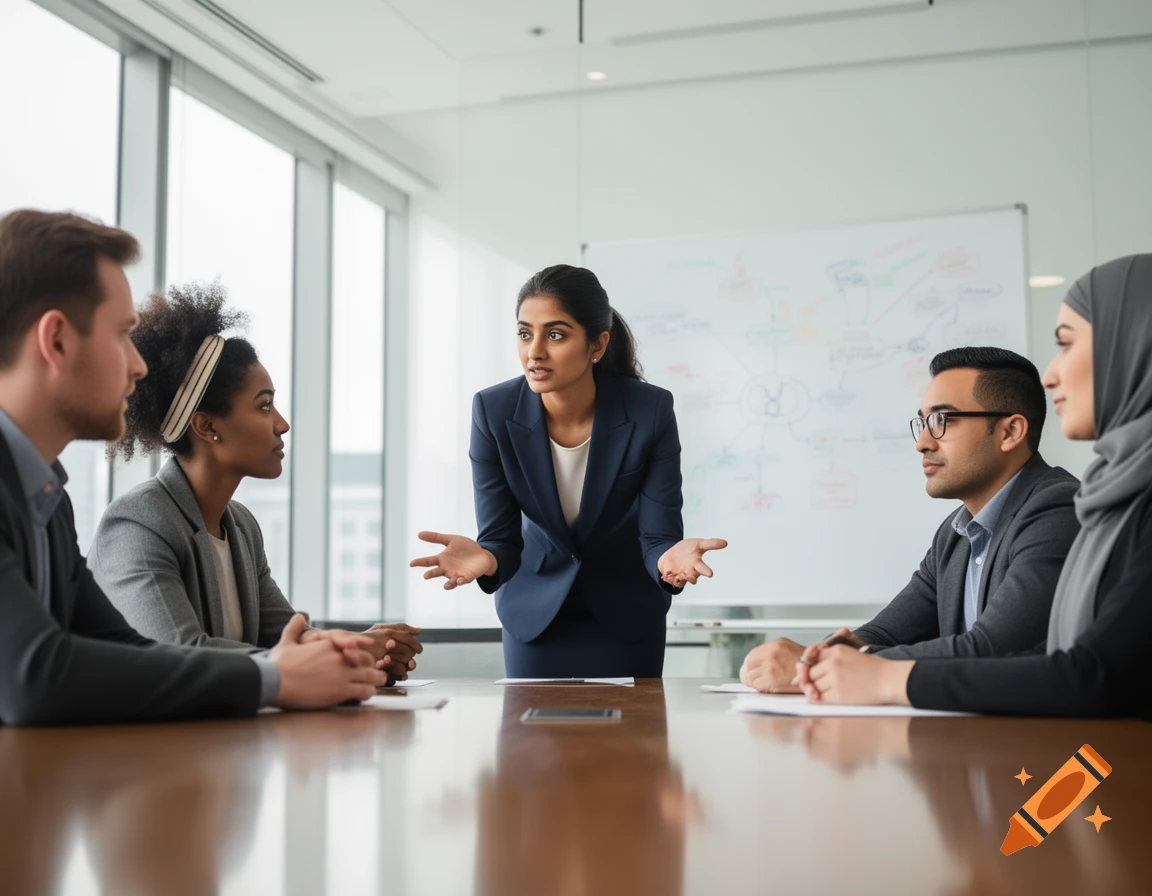 Diverse business professionals in a modern office meeting, with a woman in a suit speaking and gesturing.