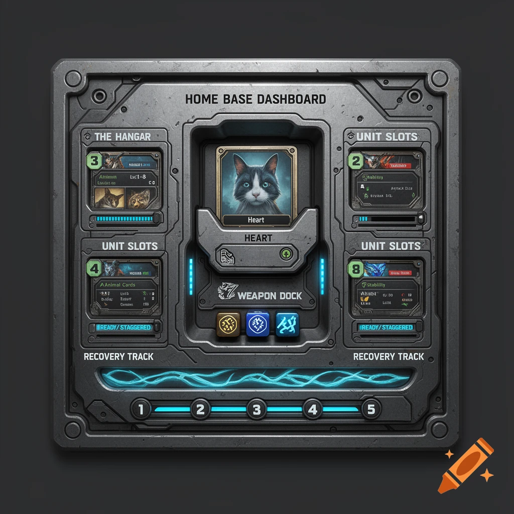A futuristic game dashboard with a cat portrait in the center, labeled 'Heart'. It features sections for 'The Hangar', 'Unit Slots', 'Weapon Dock', and a 'Recovery Track' with numerical indicators.