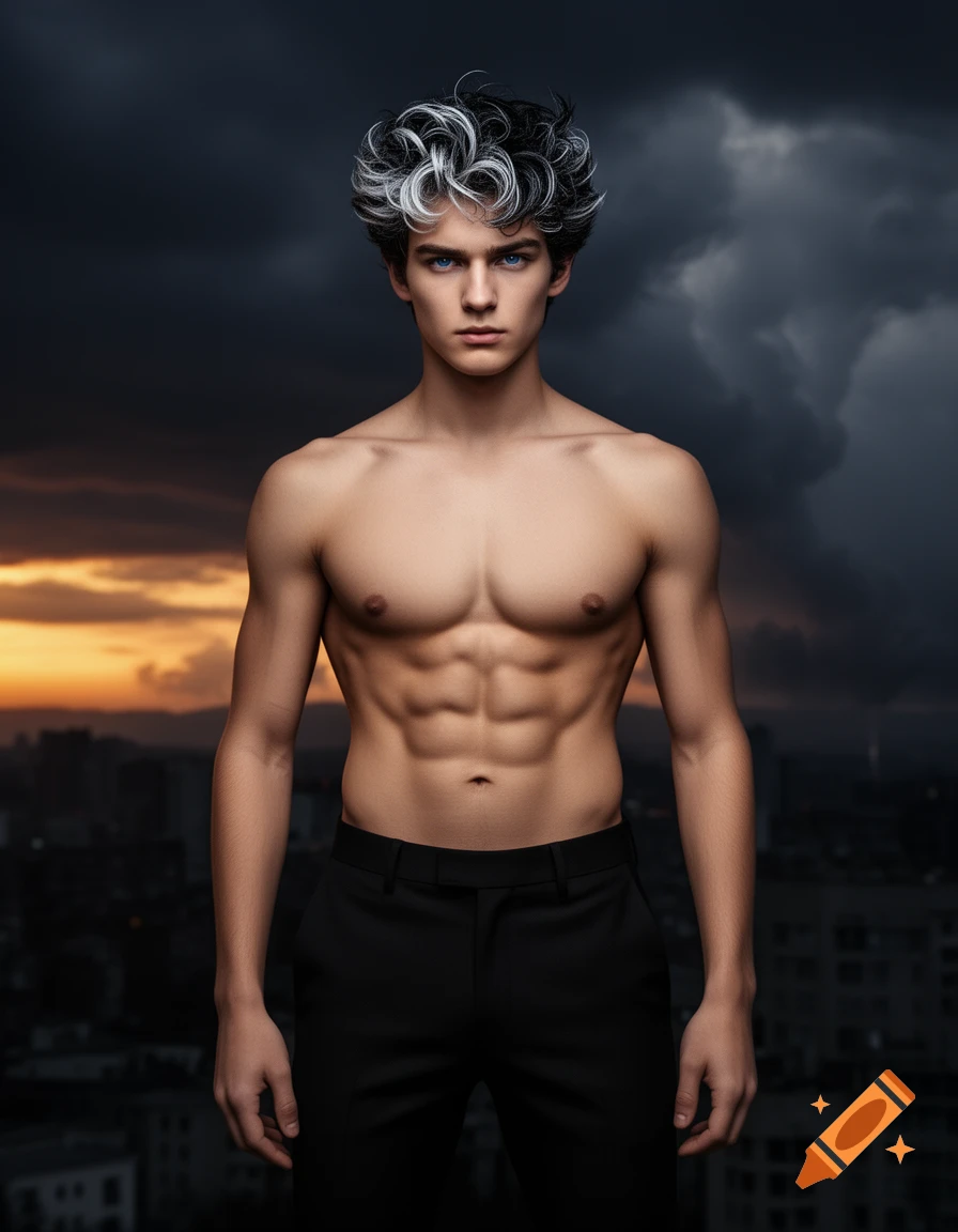 Photorealistic portrait of a shirtless young man with black and silver hair, blue eyes, and abs, wearing black pants against a stormy city sunset.