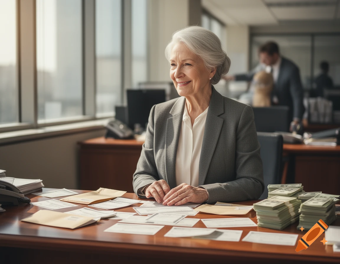 Pleased older woman with gray hair at an office desk piled with cash, checks, and envelopes, in a business environment.