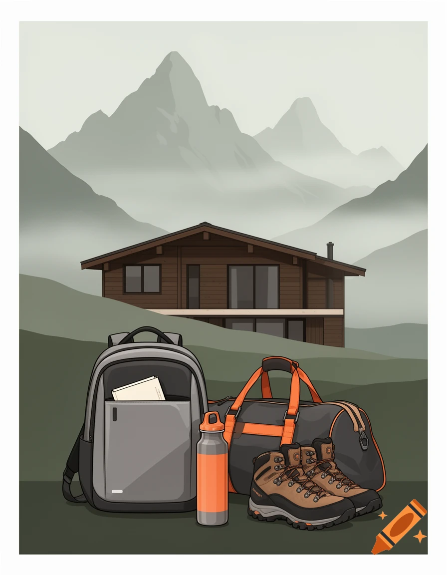 Vector art of a modern cabin in misty mountains, with a backpack, duffel bag, water bottle, and hiking boots in the foreground.