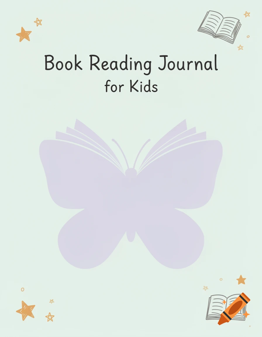 Minimalistic light green book reading journal cover for kids with text, a large purple butterfly silhouette made of open books, and small star illustrations.