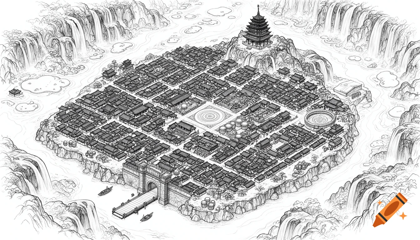 Overhead black ink line art fantasy map of an ancient Chinese city surrounded by waterfalls, rivers, and lakes, with a central pagoda and stone gate.