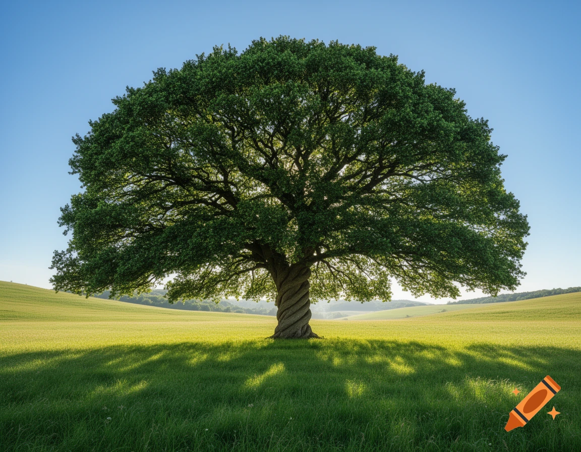 A large, photorealistic tree with a full crown and twisted trunk stands in a sunny green field with long shadows.