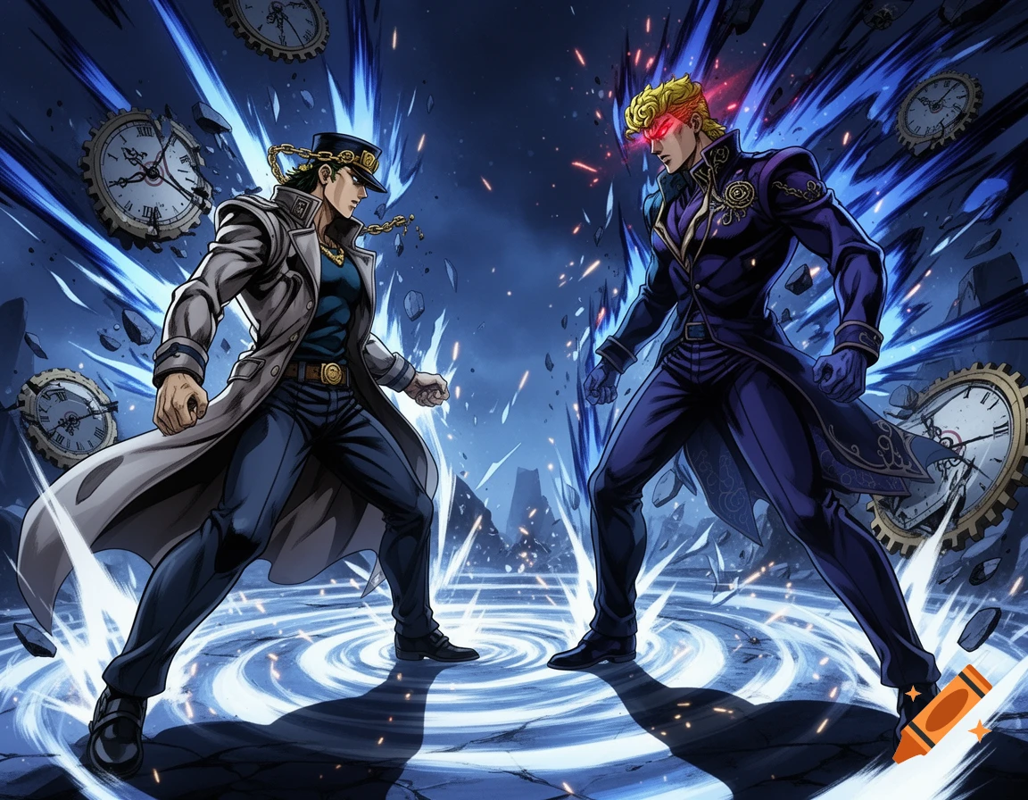 Anime characters Jotaro and Dio stand in a powerful stance amidst shattered clocks and blue energy, ready to battle.