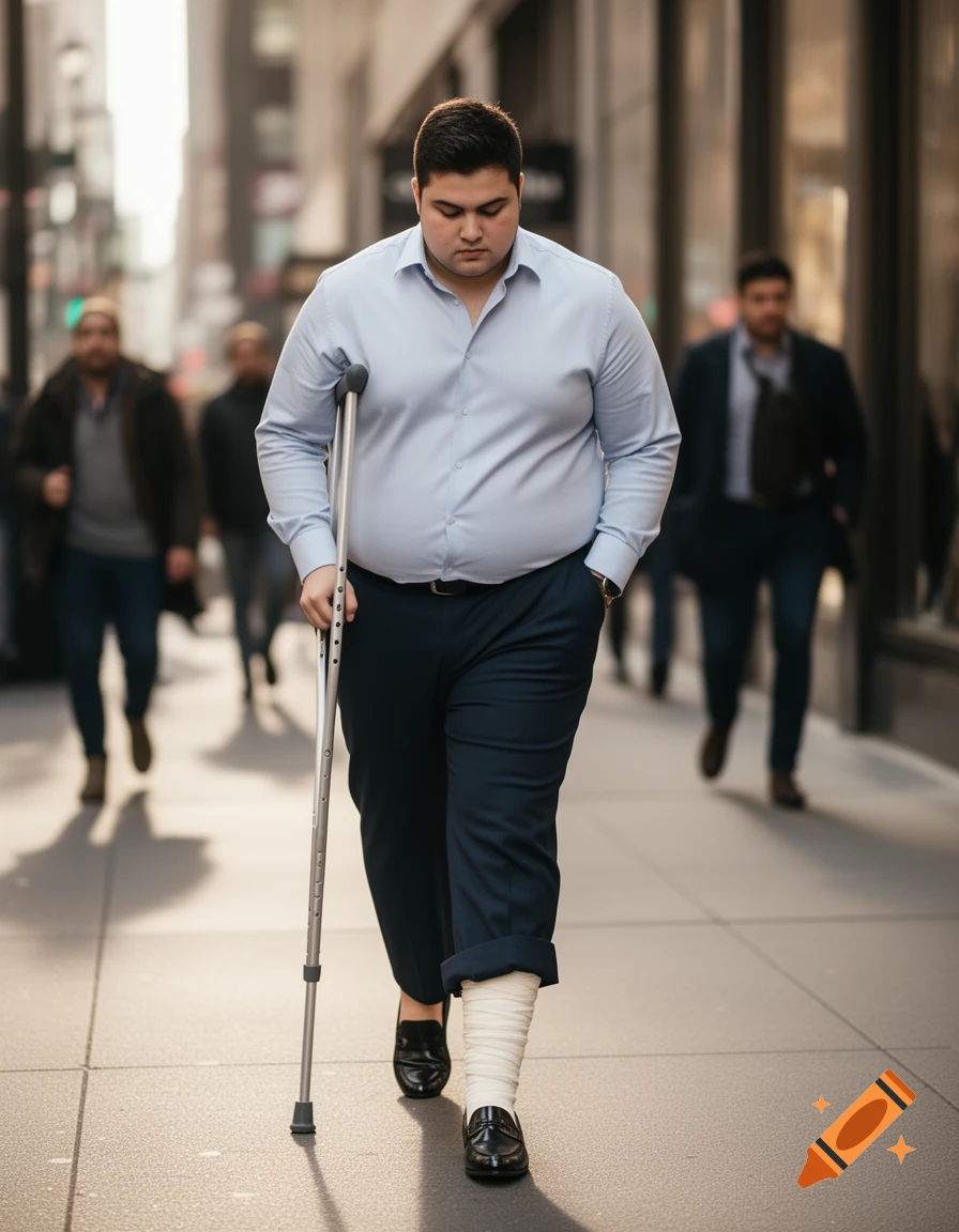 A young, overweight man with a bandaged ankle walks with a crutch down a city sidewalk, looking down.