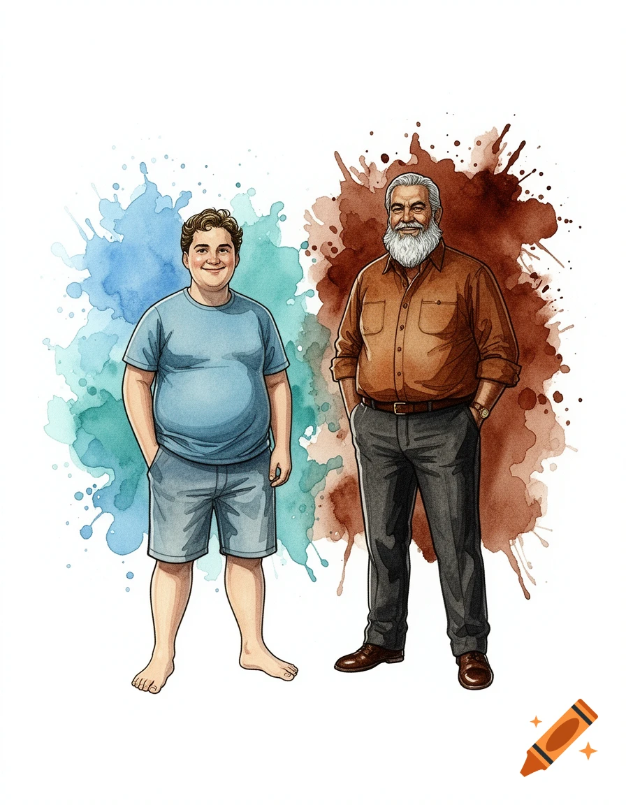Watercolor illustration of a young man in shorts and an older man with a beard, both chubby, standing against colorful paint splatters.