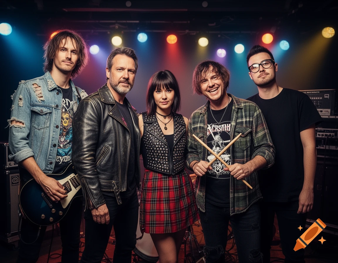 A photorealistic image of a five-member rock band, three men and two women, posing on a stage with colorful lighting. They are dressed in rock-style clothing.
