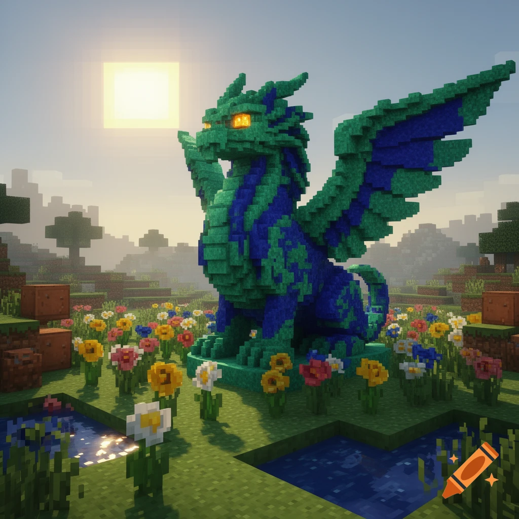 A large green and blue pixelated dragon sculpture with glowing orange eyes in a vibrant Minecraft-style field with flowers under a bright sun.