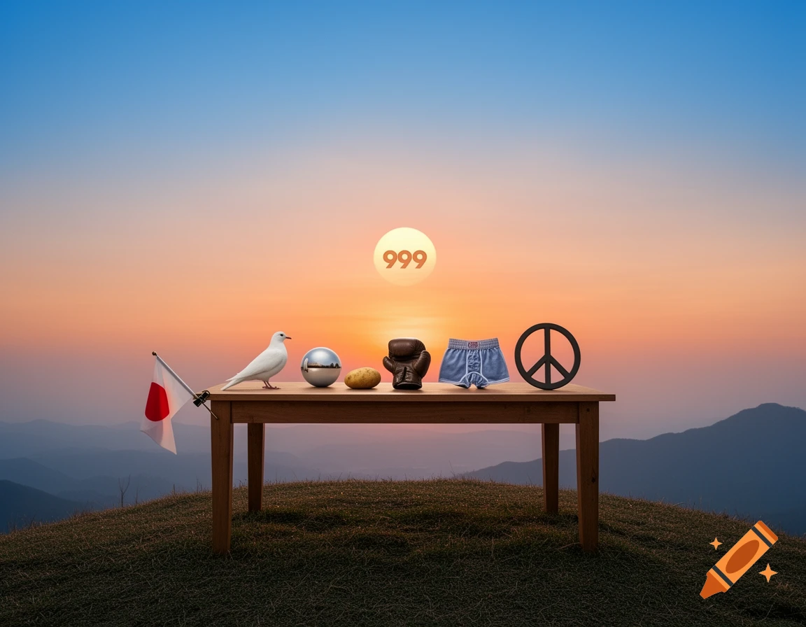 A table with a Japanese flag, dove, sphere, potato, boxing glove, boxer briefs, and peace symbol on a hill at sunset, with '999' in the sun.
