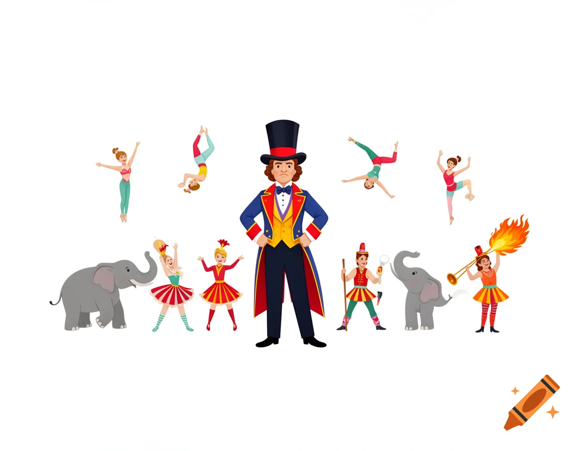 A group of colorful clipart circus performers including a ringmaster, acrobats, dancers, and elephants on a white background.