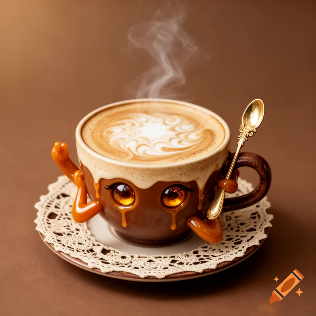 A cute anthropomorphic caramel latte cup with amber eyes, caramel tears, arms, and a gold spoon, sitting on a lace saucer with steam.