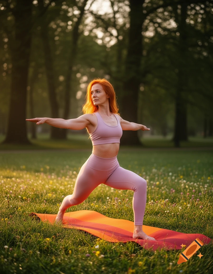 A ginger-haired woman in pink sportswear doing a Warrior II yoga pose on an orange mat in a grassy park at sunset, photorealistic.