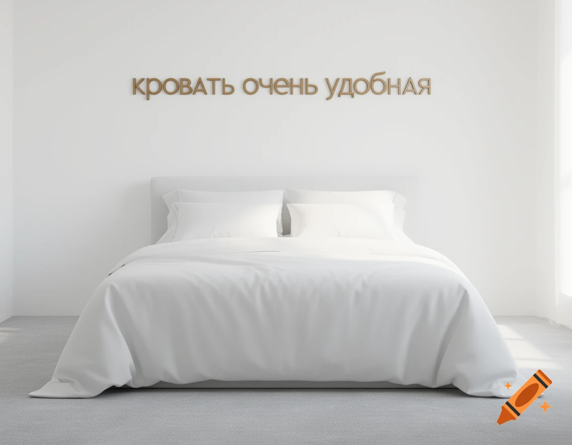 A minimalist bedroom featuring a white bed with crisp white bedding against a stark white wall, with the Russian text ""КРОВАТЬ ОЧЕНЬ УДОБНАЯ"" (The bed is very comfortable) mounted above the headboard.