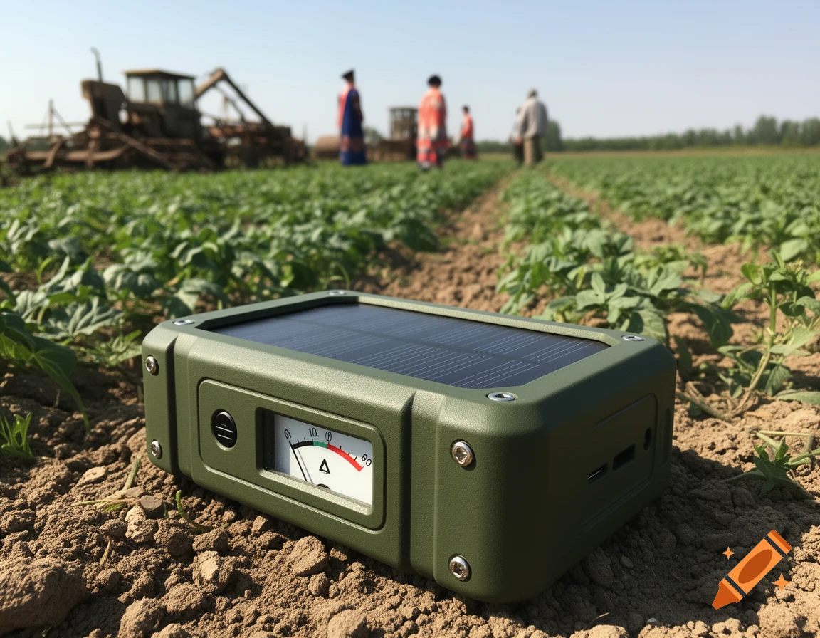 A rugged olive green solar power bank with an analog gauge on dry soil in a field, with blurred farmers and farm machinery in the background.