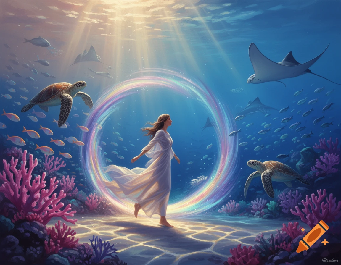 A woman in a white dress steps through a glowing rainbow portal into a vibrant underwater scene with coral reefs, turtles, manta rays, and fish, bathed in sunbeams.