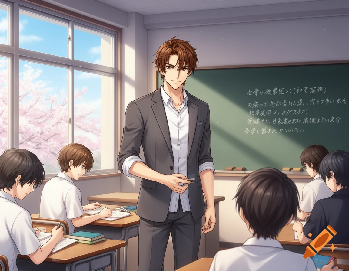 Anime-style illustration of a male teacher standing in a Japanese high school classroom with students.