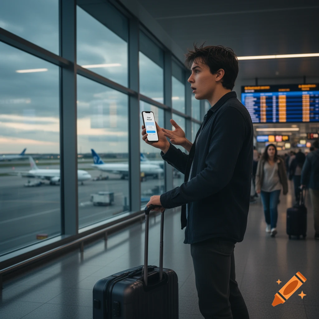 Young man looking surprised, holding a phone showing 'Flight Missed', stands with luggage in an airport terminal.