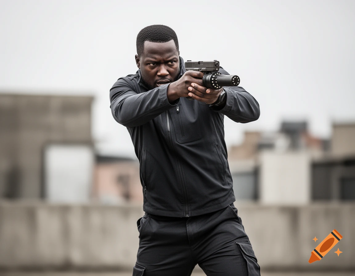 A Black man in dark clothing aiming a handgun with a large magazine attachment outdoors.