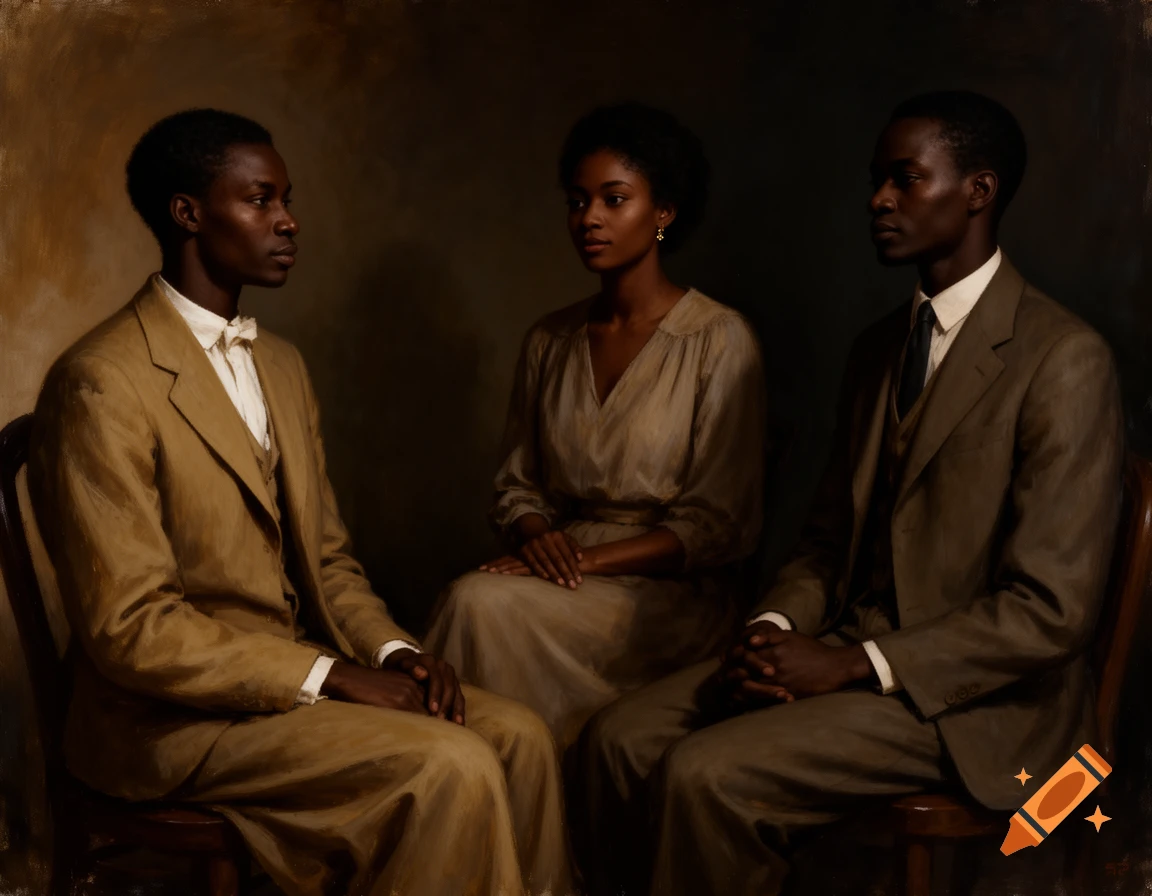 Oil painting of three seated Black individuals in timeless clothing with dramatic chiaroscuro lighting.