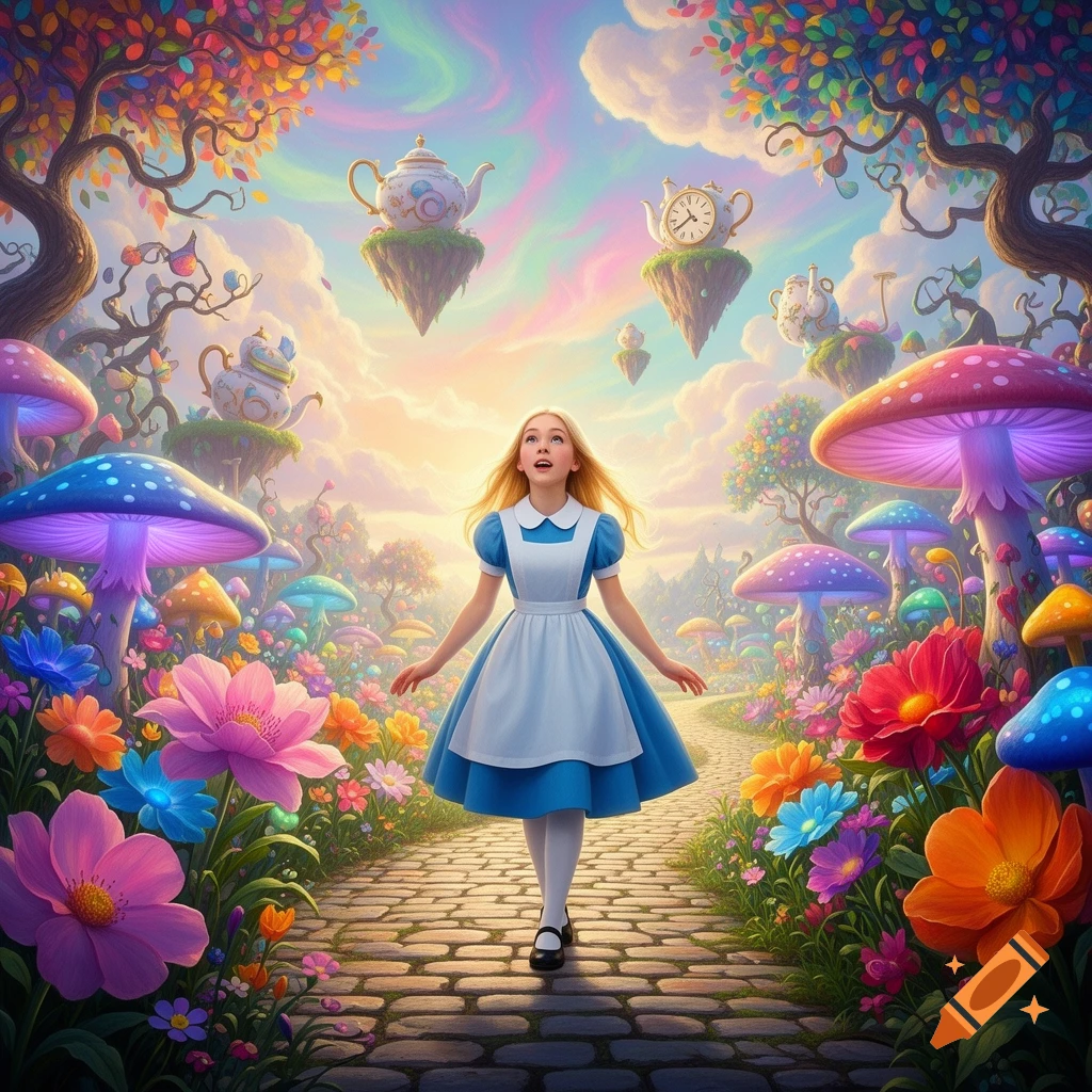 Alice in a blue dress walks on a path in a vibrant, surreal wonderland with giant mushrooms, colorful flowers, and floating teapots.