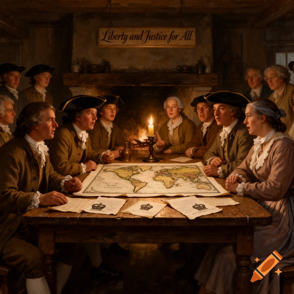 Painting of colonists gathered around a table with a map in a dimly lit room. A sign reads 'Liberty and Justice for All'.