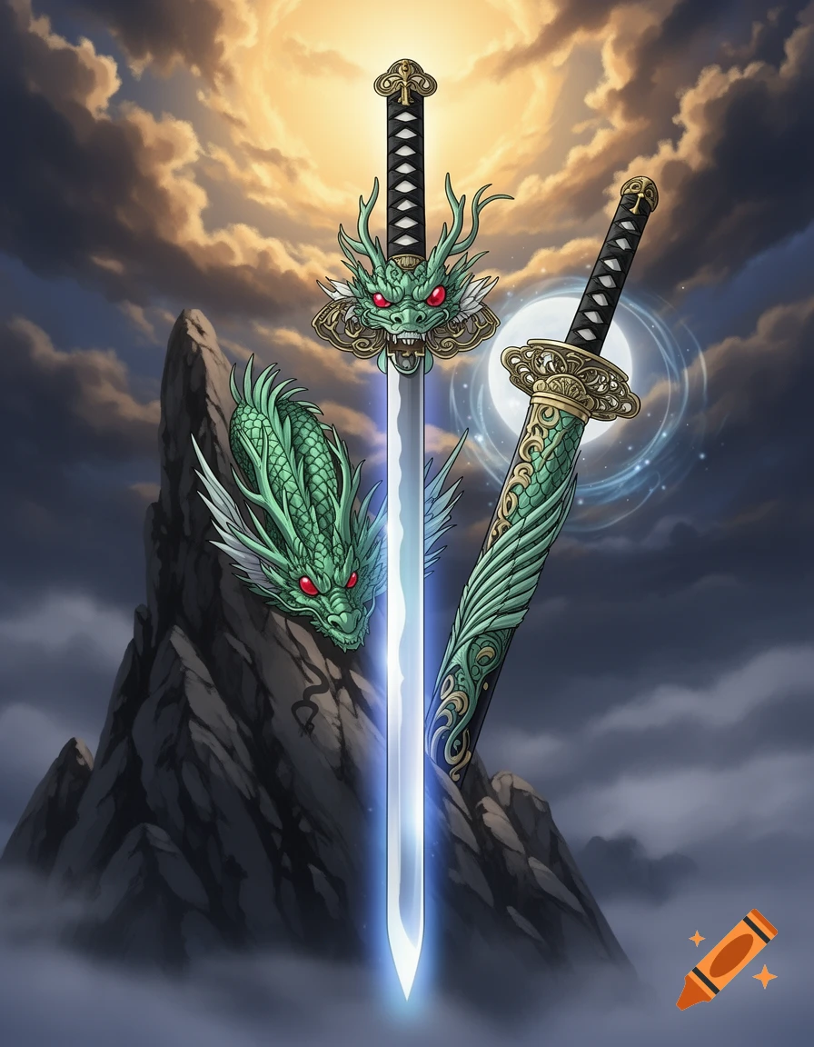 Two ornate anime katanas with green dragon hilts and scabbards stand against a full moon, clouds, and rocky peaks.