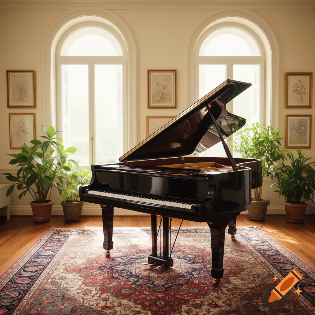 A black grand piano in an elegant room with large arched windows, potted plants, framed artwork, and a patterned rug on a wooden floor.