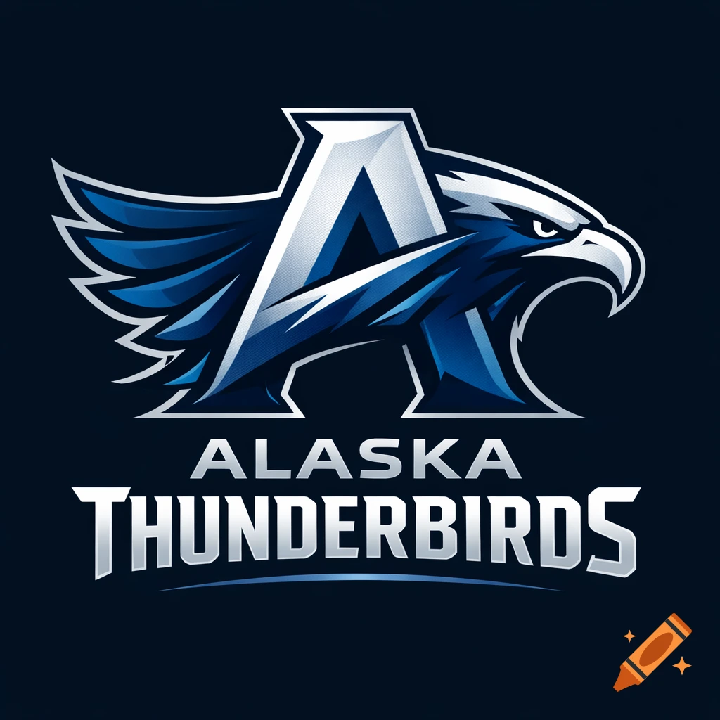 A blue and white sports team logo for 'Alaska Thunderbirds' featuring a stylized letter A combined with an eagle's head.