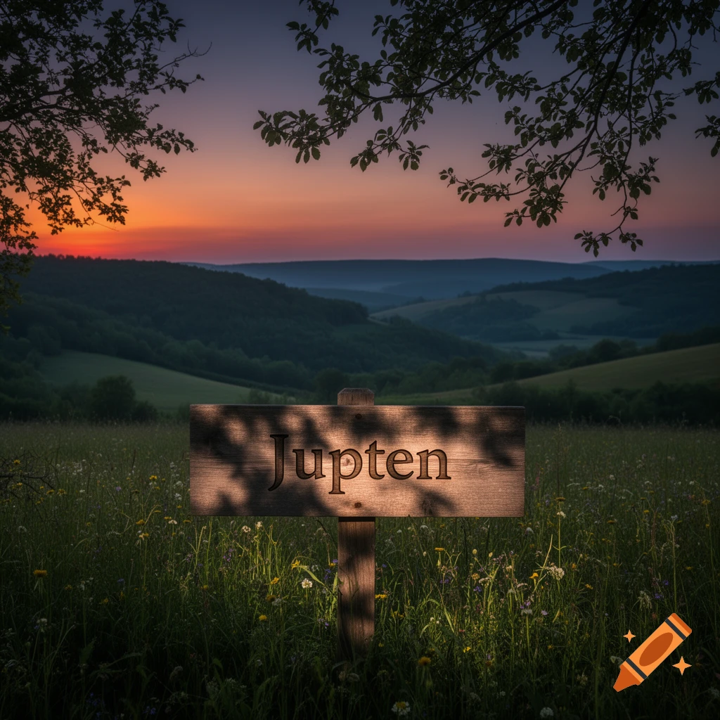 A wooden sign reading "Jupten" in an overgrown field with wildflowers, against a backdrop of rolling hills and a vibrant sunset sky, framed by tree branches.